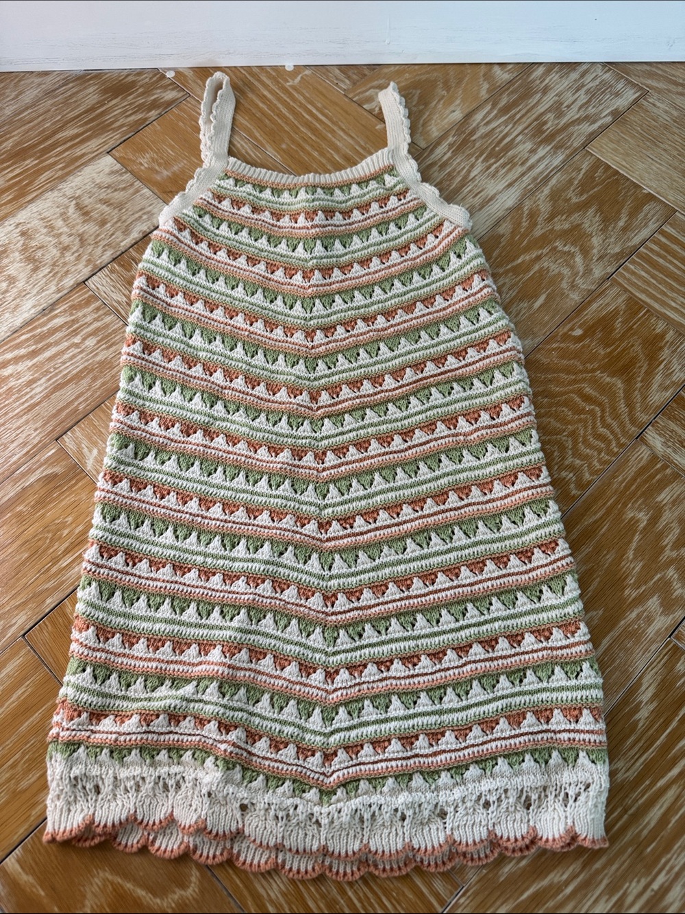 Zara Crochet Girls Dress size 9-10 in Cream, Green and Peach/Terracotta